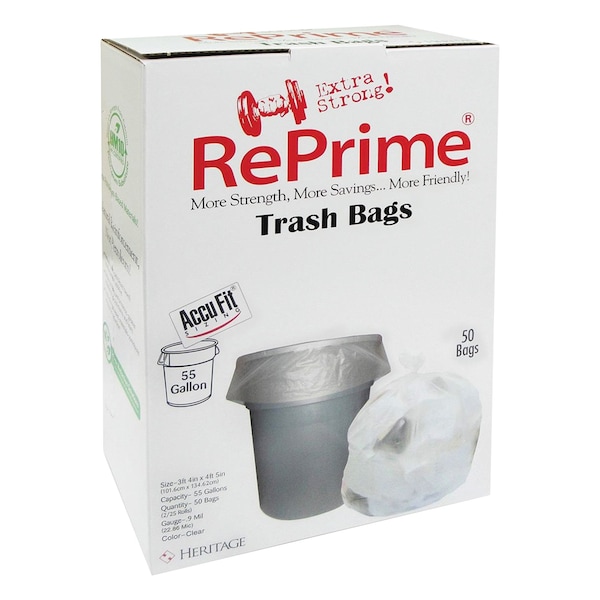 Accufit 55 gal Trash Bags, 40 in x 53 in, Premium, 0.9 mil, Clear, 150 PK H8053TC RC1 - main